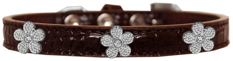 Silver Flower Widget Croc Dog Collar Chocolate Size 20